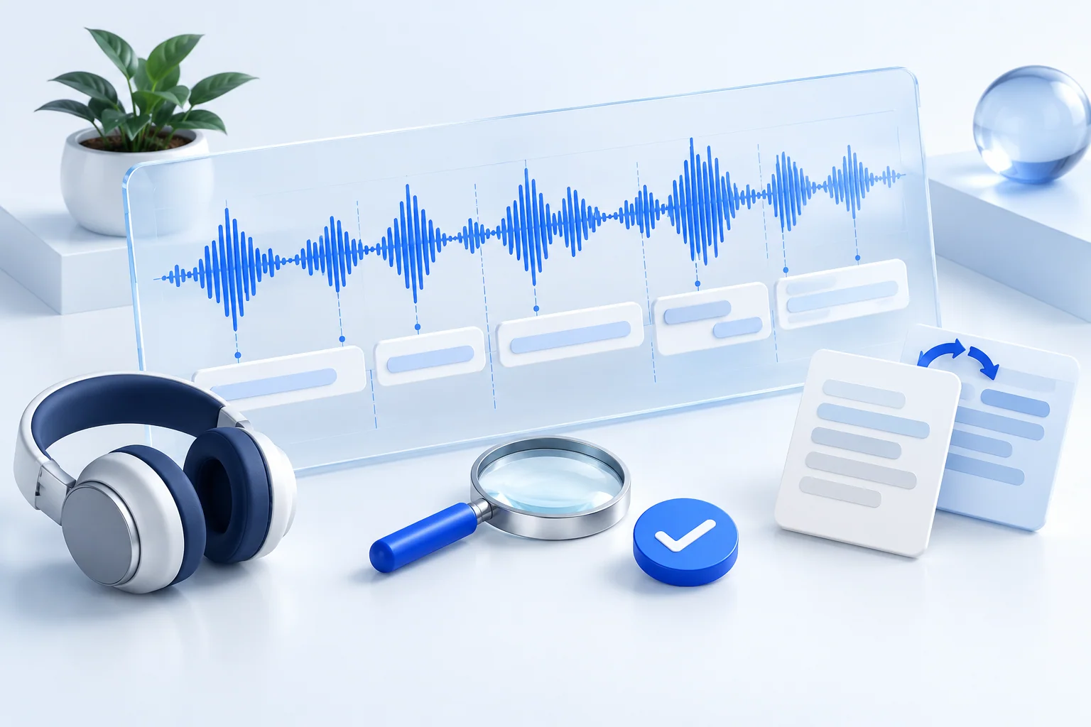 Aligned audio waveforms and text segments, with a magnifying glass representing transcription, translation and quality review