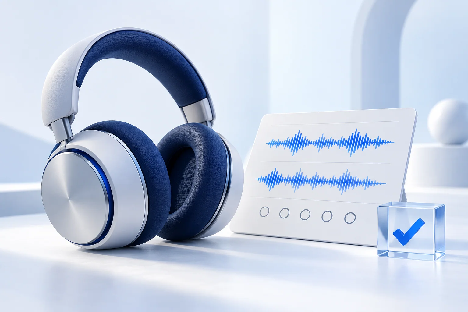 Headphones, waveforms and unselected rating controls representing human listening tests and model quality evaluation